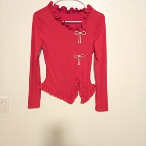 SHEIN Red Ruffle Trim Blouse with Bow Accents Size M